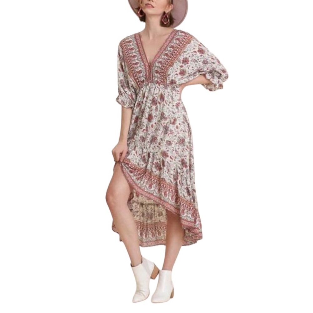 UMGEE | Cream Paisley Gathered-Waist Hi-Low Dress Size Large EUC - Picture 2 of 8